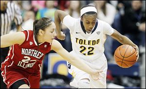 Andola Dortch heads up the court after stealing the ball from Northern Illinois' Amanda Corral during the second half. The Rockets are now 23-2 on the season.