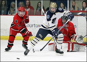 St. John's Jesuit’s Nate Miller (6) looks for a deflection against Bowling Green goalie Tanner Fausnaugh during the first period.
