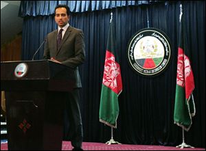 Afghanistan presidential spokesman Aimal Faizi speaks during a press conference in Kabul, Afghanistan, today.