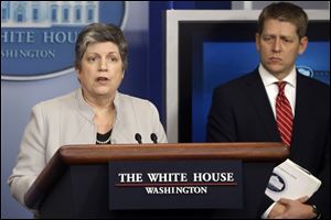 Homeland Security Secretary Janet Napolitano, accompanied by White House press secretary Jay Carney, briefs reporters on the sequester at the White House in Washington.
