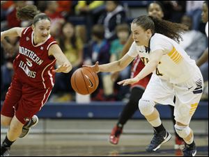 The UT Rockets' Naama Shafir, right, steals the ball from Northern Illinios last week, and earned MAC West player of the week honors.