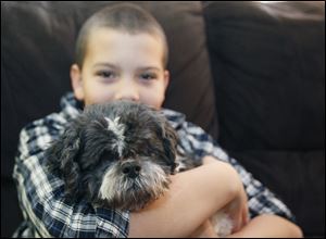 Breccan Rehard, 10, hugs Stevie. Breccan’s mom, Kyle Piekarzewski of Planned Pethood, and family are fostering Stevie.