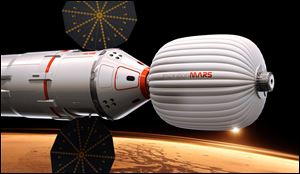 A drawing provided by Inspiration Mars shows an artists conception of a spacecraft envisioned by the private group, which wants to send a married couple on a mission to fly by the red planet and zip back home, beginning in 2018. 