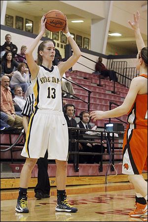 Notre Dame senior Christy Ohlinger scored a season-high 19 points to help the Eagles improve to 22-3 and advance to Saturday's district final against the Northview-Central Catholic winner.