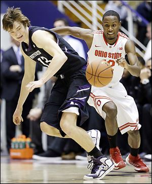 Ohio State's Sam Thompson steals the ball from Northwestern's Kale Abrahamson during the second half on Thursday.
