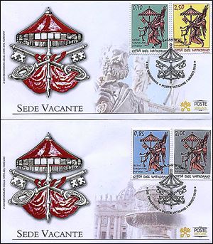 A photo reproduction shows the two envelopes and four stamps Vatican City issued Friday in conjunction with the Sede Vacante, or vacant see, the transition time between papacies when a few Vatican officials run the church.