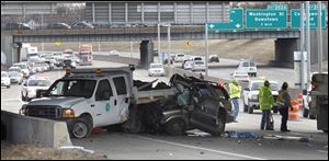 An SUV hit an Ohio Department of Transportation truck today on I-75 northbound near Bancroft in Toledo.