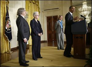 President Obama announces he will nominate, from left:  MIT physics professor Ernest Moniz for Energy Secretary; Gina McCarthy to head the EPA;  and Walmart Foundation President Sylvia Mathews Burwell to head the Budget Office. 