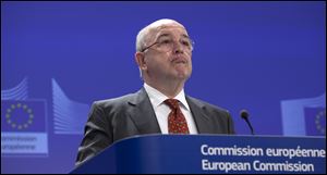 European Commissioner for Competition Joaquin Almunia speaks during a media conference at EU headquarters in Brussels today The commission has fined Microsoft $733 million for breaking the terms of an earlier agreement to offer users a choice of internet browser.