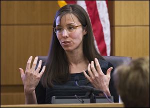 Jodi Arias gestures toward the jury in Maricopa County Superior Court in downtown Phoenix.
