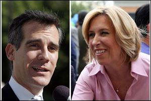 Los Angeles mayoral candidate Eric Garcetti, left, and candidate Wendy Greuel to meet in May 21 runoff.
