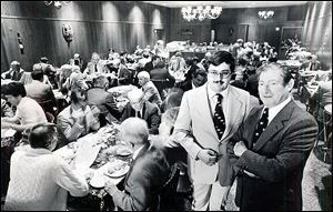 Butch Dyer, left, and Ray Dyer are smiling in a packed Dyer’s Chop House in downtown Toledo 1981.