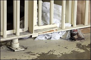 Cracked concrete can be found at the base of a cell. Inmates have used pieces of concrete as weapons in the past.