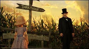 This film image released by Disney Enterprises shows the character China Girl, voiced by Joey King, left, and James Franco, as Oz, in a scene from 'Oz the Great and Powerful.'