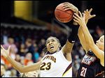  Central Michigan's Crystal Bradford beats Bowling Green's Chrissy Steffen for the rebound.