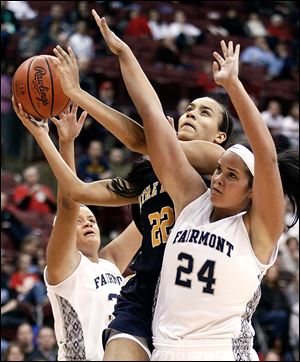 Notre Dame's Jayda Worthy, who had 15 points, goes to the basket against  Kettering Fairmont's Makayla Waterman in a Division I state semifinal at Ohio State's Value City Arena.