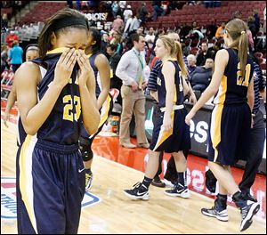 Notre Dame's Christiana Jefferson reacts after losing to Kettering Fairmont in the Division I state semifinal game. The Eagles finish 25-4.