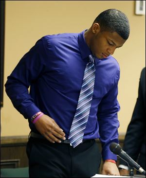Ma'lik Richmond, 16, enters court for the fourth day of his and co-defendent, 17-year-old Trent  Mays trial on rape charges in juvenile court today in Steubenville, Ohio. Mays and Richmond are accused of raping a 16-year-old West Virginia girl in August, 2012.