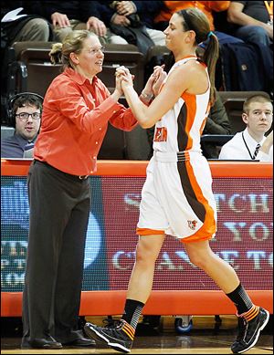 BGSU coach Jennifer Roos, left, and Chrissy Steffen will host SMU on Thursday night. The Falcons committed 34 turnovers in their last game, an 81-48 loss to Central Michigan in the third round of the Mid-American Conference tournament.