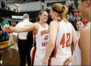 Bowling Green’s Jill Stein, left, and Danielle Havel celebrate after the Falcons defeated Duquesne  in the second round of the WNIT on Saturday. Stein led the Falcons with 16 points in the victory.