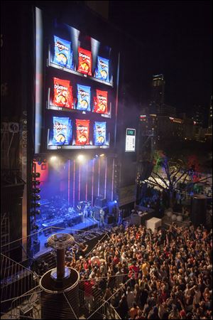 The Latin rock band Chington performs on a giant stage built to resemble  a snack vending machine.