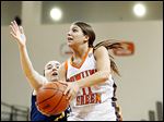  BG guard Jillian Halfhill drives on Drexel guard Meghan Creighton during  WNIT action on Thursday at the Stroh Center.