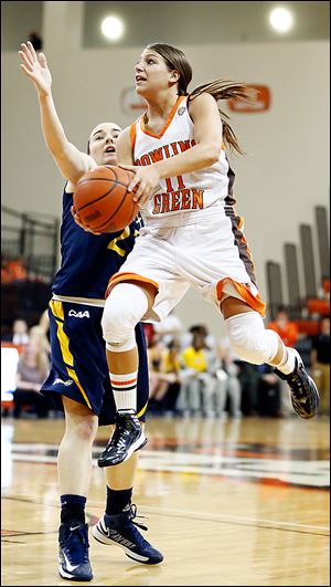 BG guard Jillian Halfhill drives on Drexel guard Meghan Creighton during  WNIT action on Thursday at the Stroh Center.