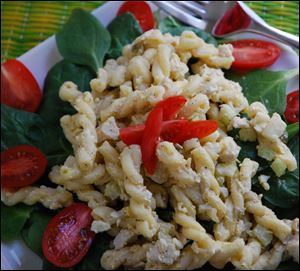 Any kind of cooked chicken can be used to make Merry's Cold Chicken Pasta Salad. 
