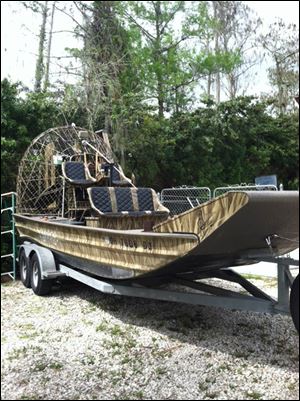 This undated photo provided by the Florida Fish and Wildlife Conservation Commission shows the airboat used by a family as they took off in the Florida Everglades, Thursday, April 4, 2013. The Ohio family of five that failed to return from an airboat excursion in the remote Florida Everglades was found safe after searchers heard them blowing whistles and an air horn, on Friday. 