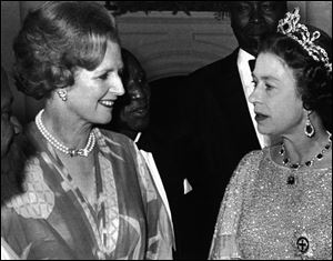Britain's Queen Elizabeth II talks with British Prime Minister, Margaret Thatcher, left,  at a reception for the 39 heads of delegations attending the Commonwealth Conference in Lusaka, Zambia, on Aug. 1, 1979.