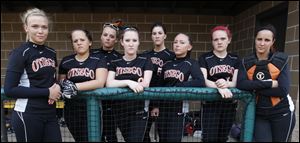 Otsego is favored to win the NBC title with, from left, Tayler Bowen, Danielle Lashaway, Nicole Thomas, Paige Ireland, Natalie Wright, Savannah Schwind, Kylie Asmus, and Emily Carson.