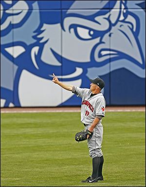 Brandon Inge of Indianapolis signals to the infield players. Inge got Indianapolis on the board in the first with an RBI double.