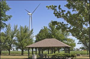 A rest stop on U.S. 30 is a good place for a look at the 305-megawatt Blue Creek Wind Farm near Antwerp. 