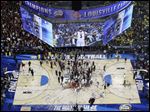  Louisville players celebrated after the April 8 NCAA basketball title game in which they beat the Michigan Wolverines.