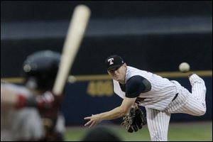 Mud Hens' Casey Crosby pitches during the top of the fifth inning in Tuesday evening's game against Indianapolis. 