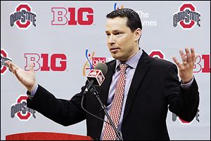 OSU women's basketball coach Kevin McGuff answers questions during a news conference on Wednesday.