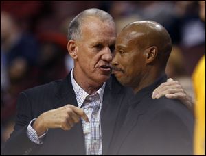 Philadelphia 76ers coach Doug Collins, left and Cleveland Cavaliers coach Byron Scott talk before the start of their NBA preseason basketball game in Philadelphia in late 2012. Both coaches were fired today.