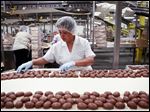  New technologies have led to a gradual workforce reduction over the years at the See's Candies factory in Los Angeles, California, but theres still plenty done by hand. Above, Bertha Ramos sorts through freshly-coated chocolate marshmallow eggs before they are sent off to be boxed and packaged. 