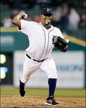 Tigers relief pitcher Jose Valverde got all three batters out he faced in the ninth to earn a save against the Royals. It was his first appearance of the season for Detroit.