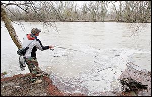 Andy Borton of Wauseon fishes the Maumee River at Side Cut Metropark in Maumee. Swift currents make wading treacherous; debris interferes near shore.