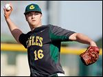  Clay senior Jordan Grosjean makes a throw to first base against  Central Catholic on Friday. The pitcher did not allow a hit and walked just one batter in the win over the Irish.
