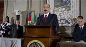 Italian Premier-designate Enrico Letta speaks during a press conference at the Quirinale Presidential Palace in Rome, Saturday.