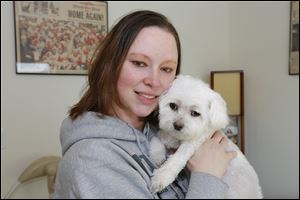 Raynae Sicotte of Perrysburg holds 7-year-old Maltese Sugar Baby, who was diagnosed with immune-mediated hemolytic anemia.