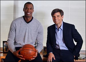 NBA basketball veteran Jason Collins, left, poses for a photo with ABC television journalist George Stephanopoulos. Collins participated in an exclusive interview with Stephanopoulos for Good Morning America.