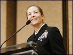  Navy Capt. Shoshana Chatfield tells a University of Toledo audience that women can advance themselves as leaders, regardless of their field.