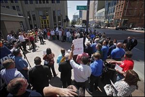The AFL-CIO protests proposed Right to Work Legislation on Wednesday on the South East corner of the Statehouse in Columbus.