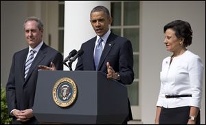 President Obama announces the nomination of Penny Pritzker, right, as Commerce Secretary and Michael Froman as U.S. Trade Representative, in Washington. 