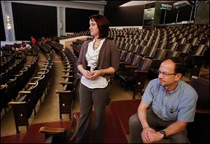 Jamie Sampson, left, theater manager, and Terry Glazer, United North executive director, watch the rehearsal.