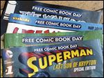  Displayed are comics set asside for Free Comic Book Day at Brave New Worlds in Philadelphia.