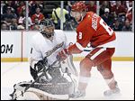  Anaheim Ducks goalie Jonas Hiller stops a shot by Detroit's Justin Abdelkader during the second period in Game 3 on Saturday night.